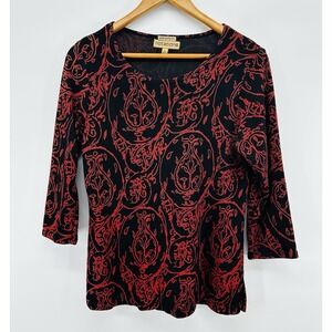Vintage Notations Red‎ Black Damask Print Flowy Top Sz M Sheer Whimsigoth FF25